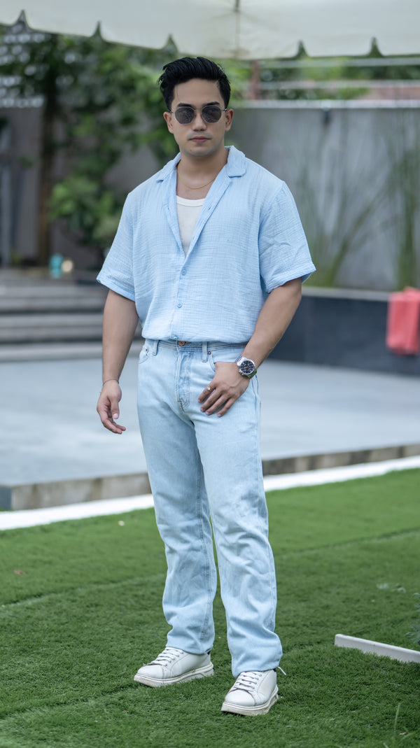 Cotton blend linen shirt (Blue)